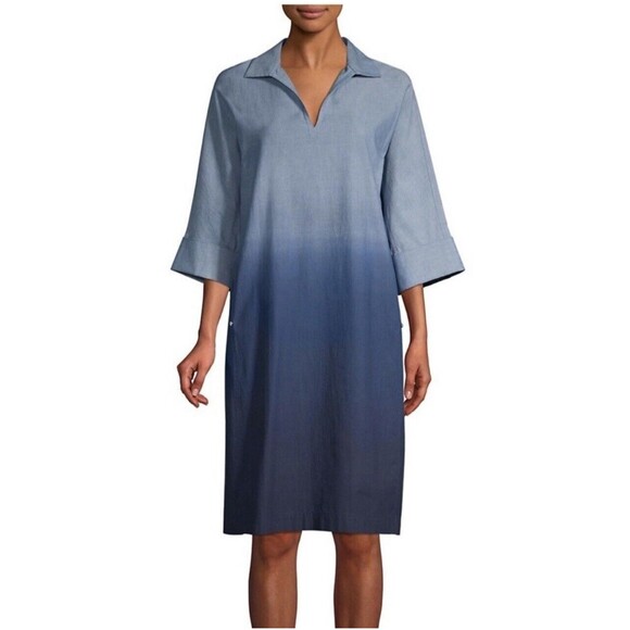 LAFAYETTE 148 New York Nicole Chambray Ombre Dress Size M Lagenlook Relaxed Fit - Picture 2 of 15